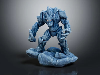 Blue Rock Creature Character Standing With Red Eyes On Rock Base 3d model