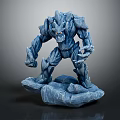 Blue Rock Creature Character Standing With Red Eyes On Rock Base