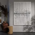 Abstract Gray White Line Wall Art In Modern Interior With Clay Vase And Wooden Stool
