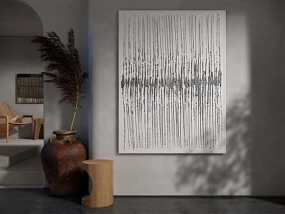 Abstract Gray White Line Wall Art In Modern Interior With Clay Vase And Wooden Stool 3d model