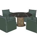 Round Marble Top Dining Table Set With Copper Base And Light Green Armchairs 3d model