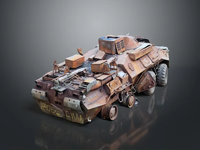 Rusty Armored Vehicle With Worn Tires Stacked Scrap Parts And Post Apocalyptic Design 3d model