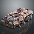 Rusty Armored Vehicle With Worn Tires Stacked Scrap Parts And Post Apocalyptic Design