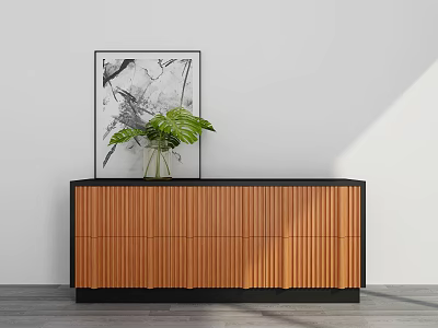 Modern Wooden Decorative Cabinet With Vertical Stripes Green Plant In Vase And Abstract Painting 3d model