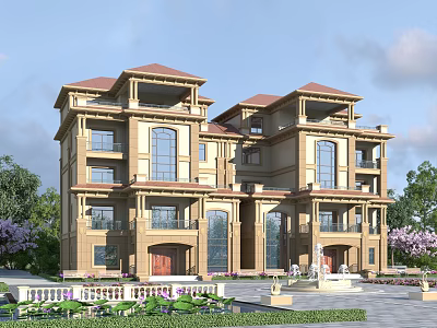 Luxury Semi Detached Villa Exterior With Red Roof Large Windows And Garden Landscaping 3d model