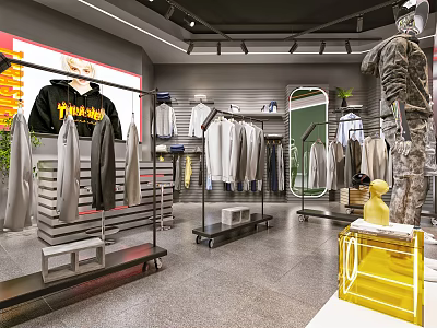 Modern Clothing Store Interior With Fashion Apparel Display Racks Mirrors And Stylish Outfits 3d model
