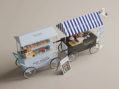 POP SUNNY Mobile Vending Carts With Blue White Striped Awnings And Displayed Goods 3d model