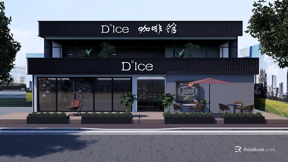 Dice Cafe Outdoor Garden Landscape With Green Plants Seating Area And Swing Chair 3d model 