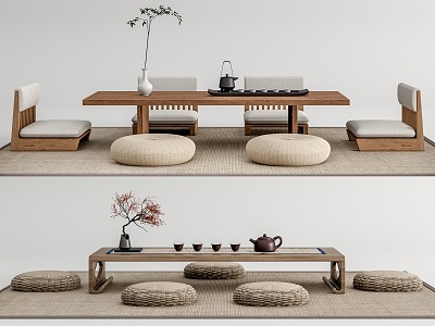 Japanese Tea Table and Chair Tatami Tea Table Futon Mat Rattan Carpet 3d model