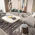 Gray Sofa and White Marble Coffee Table Set with Accent Pillows and Area Rug 3d model