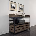 Wooden Entryway Console Table With Metal Frame Drawers Candlesticks And Decorative Bottles