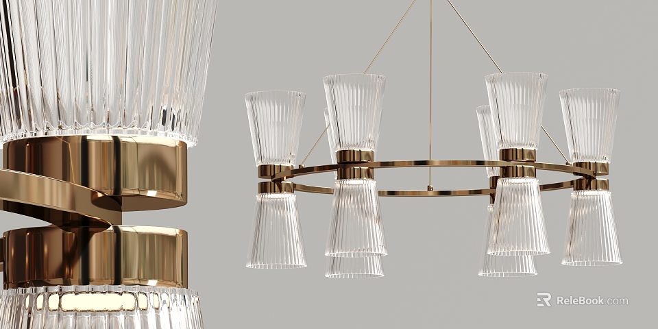 Luxury Modern Glass Chandelier with Gold Metal Frame and Multi Clear Cylinder Shades 3d model 