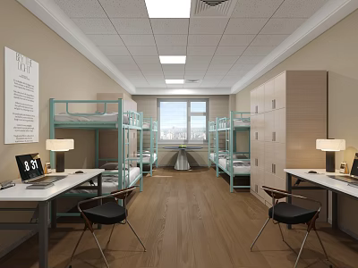 School Dormitory Room Interior With Bunk Beds Desks Lockers And Window 3d model