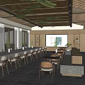 Modern Hotel Lobby With Wooden Ceiling Green Decor Large Windows Long Tables And Central Counter