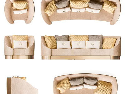 Modern Beige Sofa Set With Multiple Yellow Gray Cushions And Golden Legs 3d model