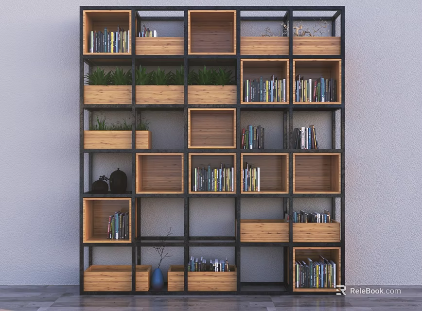 Stylish Wooden Bookshelf With Metal Frame Featuring Books Green Plants And Decorative Compartments 3d model 