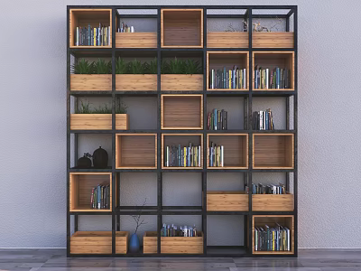 Stylish Wooden Bookshelf With Metal Frame Featuring Books Green Plants And Decorative Compartments 3d model