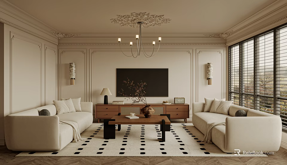 Elegant Living Room With Beige Sofas Wooden TV Stand Chandelier And Black White Rug 3d model 