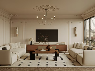 Elegant Living Room With Beige Sofas Wooden TV Stand Chandelier And Black White Rug 3d model