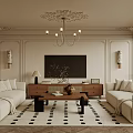 Elegant Living Room With Beige Sofas Wooden TV Stand Chandelier And Black White Rug