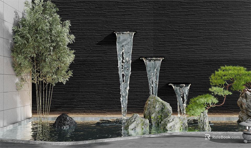 Tranquil Garden Landscape With Black Wall Water Fountain Columns Rocks Water Pool And Green Trees 3d model 