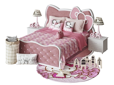 Modern Children's Bed Princess Bed Pink Children's Bed Hello Kitty Theme Bed Simple European Bed 3d model