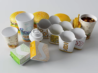 Assorted Fast Food Including Burgers Fries Drink Cups And Packaging 3d model