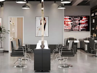 Modern Hair Salon Interior With Stylish Chairs Mirrors Workstations And Hanging Lights 3d model
