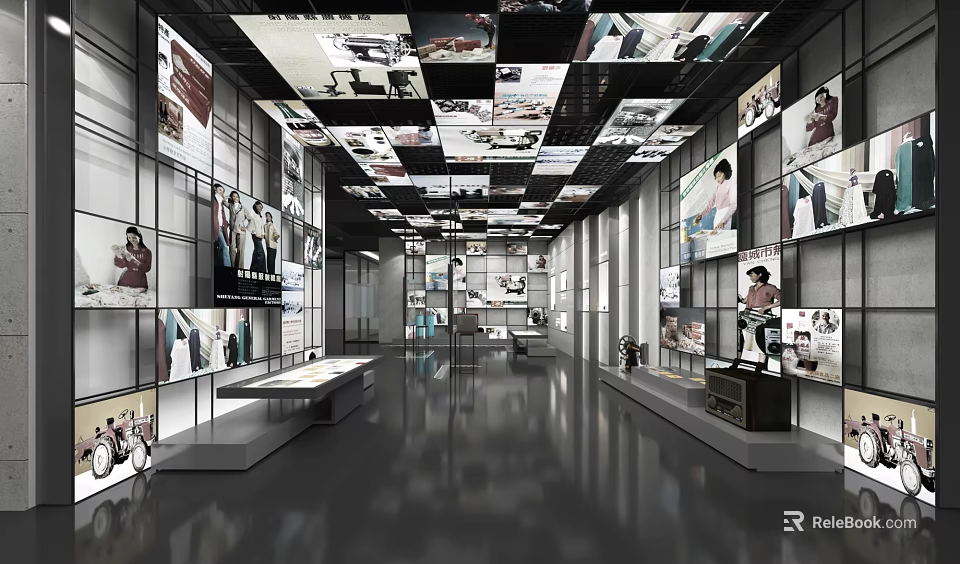 Modern Exhibition Hall Interior With Ceiling Wall Image Displays And Side Exhibits 3d model 