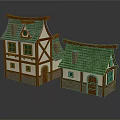 Cartoon Style Whimsical Houses With Green Roofs Brown Frames White Walls Windows Doors And Reflections