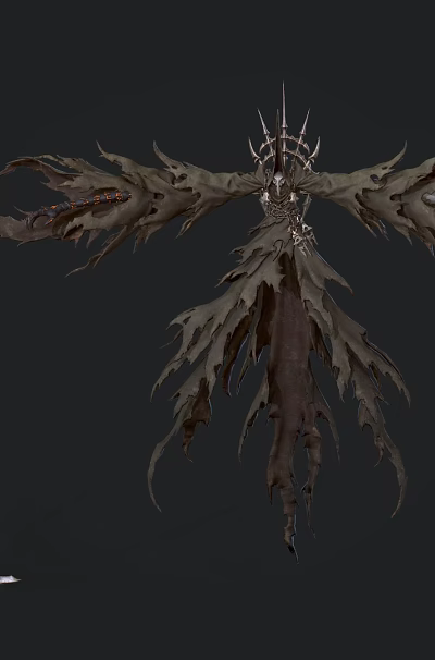 Dark Fantasy Game and Movie Character Featuring Leaf Like Wings Spikes and Curved Weapon 3d model