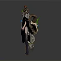 Fantasy Female Character With Ram Horns Long Hair Black Dress And Staff