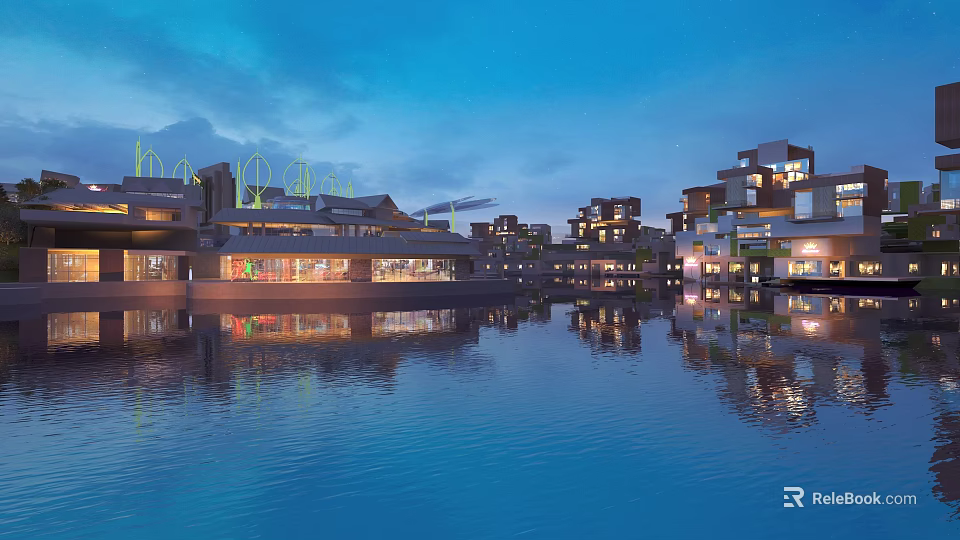 Scenic Evening Commercial Landscape With Modern Buildings Waterfront And Illuminated Reflections 3d model 
