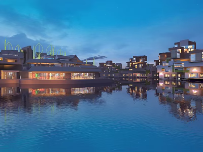 Scenic Evening Commercial Landscape With Modern Buildings Waterfront And Illuminated Reflections 3d model