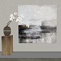 Abstract Painting With Textured Neutral Tones And Wooden Pedestal With White Flowers
