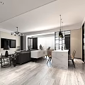 Modern Open Dining and Living Room Interior With Marble Floor Pendant Lights And Large Windows