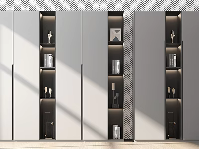 Modern White And Black Wardrobe With Sliding Doors Open Shelves And Decorative Items 3d model