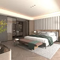 Modern Bedroom Interior Design With Herringbone Floor Vertical Slat Wall Bed Bench And Green Plant
