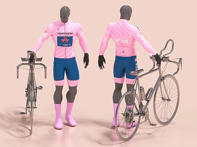 Pink Cycling Jersey Front And Back View On Mannequins With Bicycle For Sports Apparel 3d model