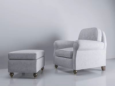 Light Gray Upholstered Armchair with Matching Ottoman and Wooden Legs in Minimalist Neutral Background 3d model