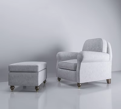 Light Gray Upholstered Armchair with Matching Ottoman and Wooden Legs in Minimalist Neutral Background 3d model