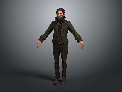 3D Male Character Model Wearing Hat Green Coat Brown Pants And Boots In Standing Pose 3d model