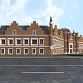 European Style Building With Red Brick Exterior Symmetrical Design Pointed Spires And Arched Entrance