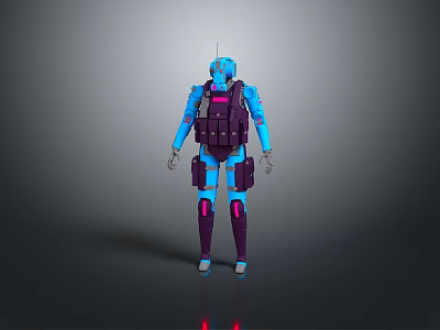 Game Movie Character Blue Purple Armored Robot with Mechanical Design and Backpack 3d model