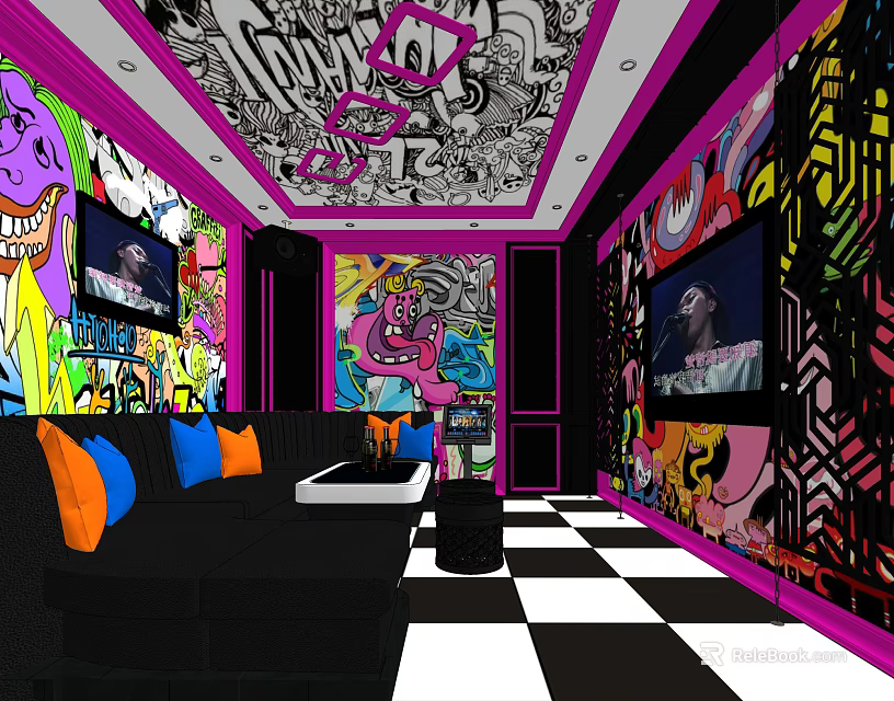 Colorful KTV Room Decor Graffiti Walls TVs Sofa Orange Blue Pillows Checkered Black White Floor 3d model 