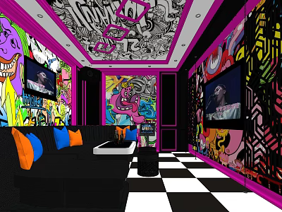 Colorful KTV Room Decor Graffiti Walls TVs Sofa Orange Blue Pillows Checkered Black White Floor 3d model
