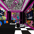 Colorful KTV Room Decor Graffiti Walls TVs Sofa Orange Blue Pillows Checkered Black White Floor