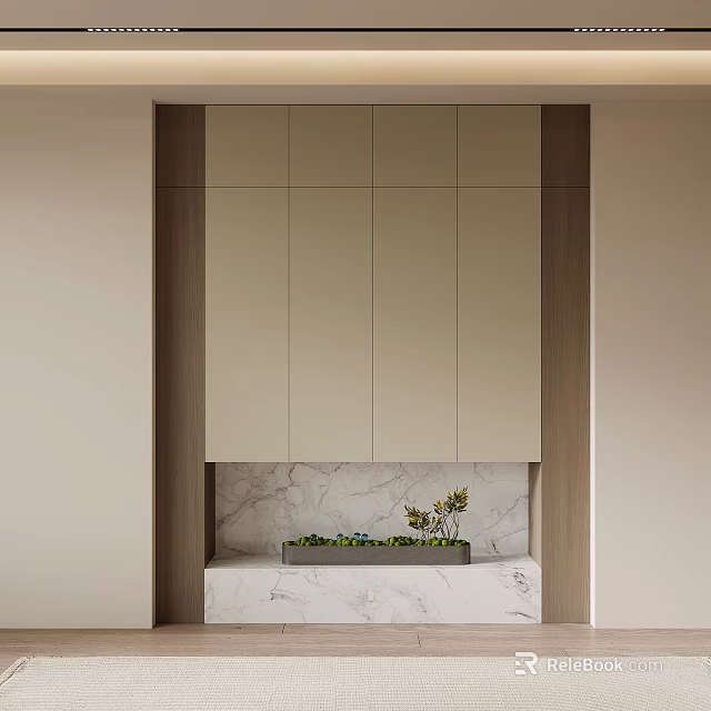 Minimalist Modern Shoe Cabinet With Light Beige Doors Wooden Frame And Marble Countertop Decorative Plants 3d model 