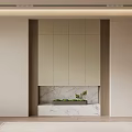 Minimalist Modern Shoe Cabinet With Light Beige Doors Wooden Frame And Marble Countertop Decorative Plants