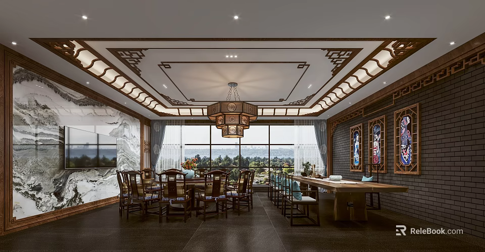Traditional Chinese Style Private Dining Room With Wooden Tables Chairs Chandelier And Landscape Paintings 3d model 